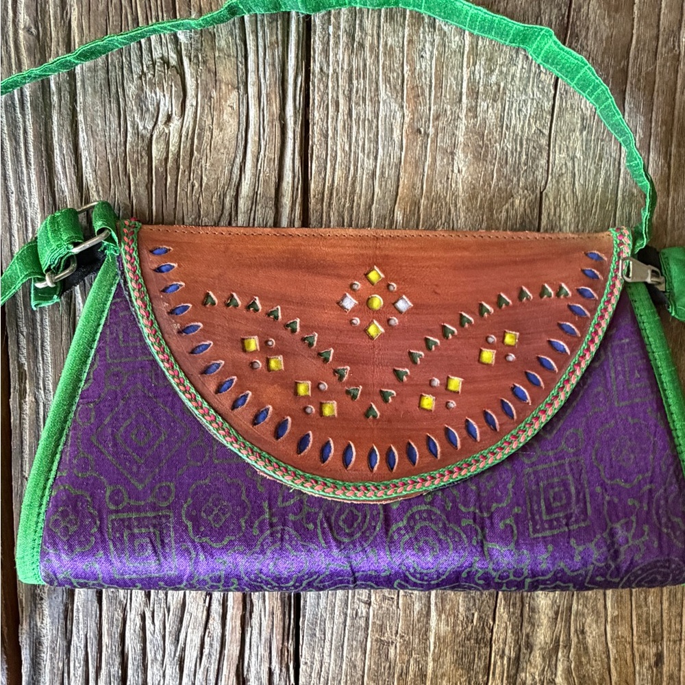 Handcrafted Kutch Purple & Brown Leather-Trim Crossbody Bag from India brand new